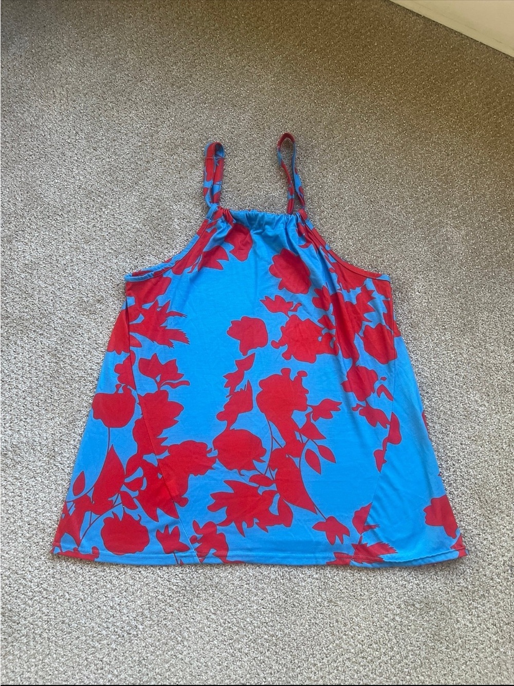 Amazon Blue Tank Top with Red Floral Print